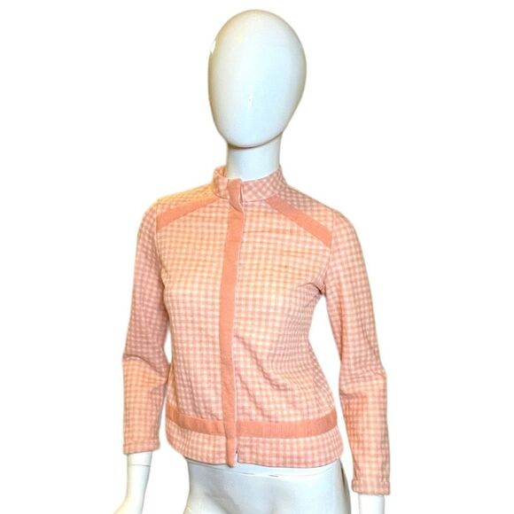 Vintage 1960s Plaid Nehru Jacket Small Peach White Retro - Picture 1 of 11